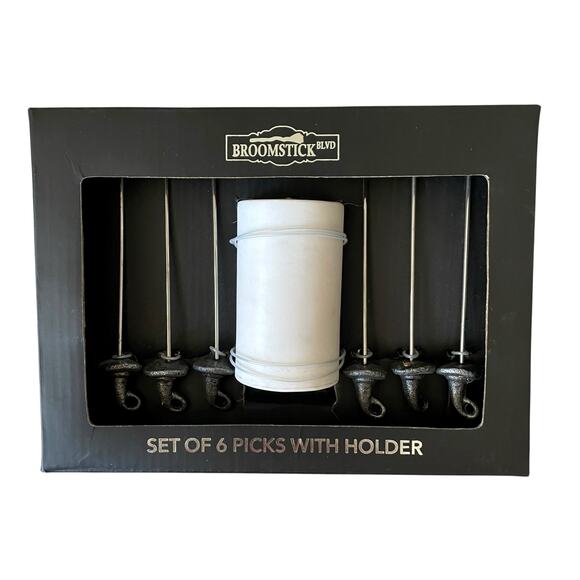 Set of 6 Halloween Witch Hat Cocktail Picks And White Marble Holder NEW - Picture 2 of 6